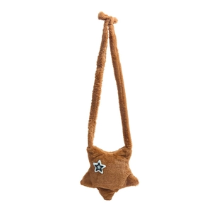 Brown plush star-shaped crossbody bag for women and students with soft velvet texture