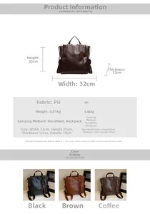 Dimensions détaillées du sac à dos rétro en similicuir avec taille et poids