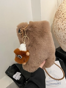 Sac Bandoulière Femme en Peluche Fausse Fourrure pour Téléphone Portable Sac Seau Souple Avec Pendentif Monstre