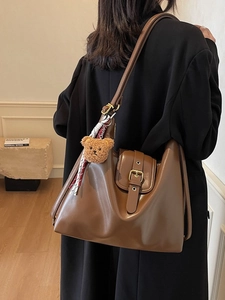 Retro dark brown large capacity Hobo shoulder bag with plush bear charm for women