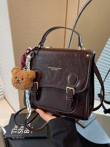 Retro Women PU Leather Backpack Large Capacity Fashion Shoulder Bag With Cute Bear Pendant Vintage Square Crossbody Bag
