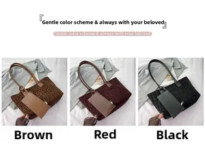 Detail view of suede leopard print tote bags in brown, red, and black with coin purses