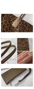 Detail view of leopard print suede tote with leather handles and inner stripe lining