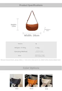 Detailed size specifications and material chart for the minimalist crescent canvas crossbody bag