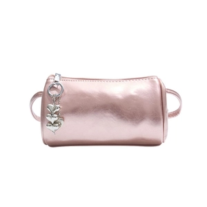 Metallic pink cylinder crossbody bag with heart pendant and zipper for women