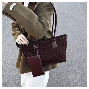 Detail of burgundy leopard print suede tote bag with matching zippered coin purse