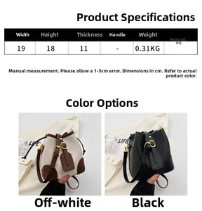 Detailed view of PU leather drawstring bucket bag with size dimensions and strap info