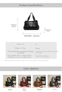 Detailed size specifications and color options for the vintage leather tote handbag