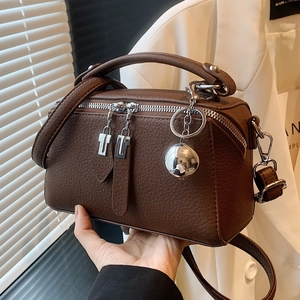 Women Fashion PU Leather Lychee Texture Boston Handbag Vintage Minimalist Crossbody Box Bag With Metal Ball Charm