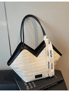 Borsa Tote in Paglia Intrecciata di Grande Capacità da Donna Moda Borsa a Tracolla a V Con Nastro per Mare Vacanza Viaggio