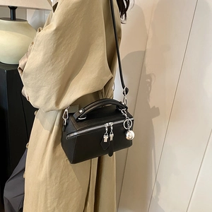 Classic black litchi pattern leather Boston crossbody bag with metallic accents for women