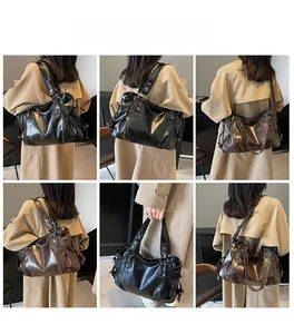 Detailed views of vintage soft leather tote bag with rivets in black and coffee brown