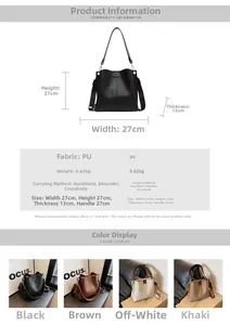 Detail view of large PU leather bucket bag showing precise size dimensions and four colors