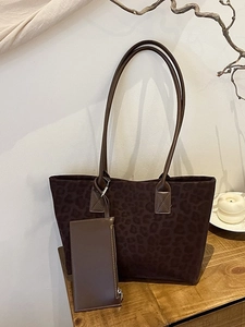 Women Leopard Print Suede Fabric Tote Bag Large Capacity Shoulder Bag With Small Pouch Fashion Casual Commute PU Leather Bag