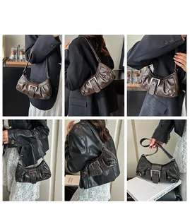 Detailed views of vintage Maillard style PU leather half-moon shoulder bag on model