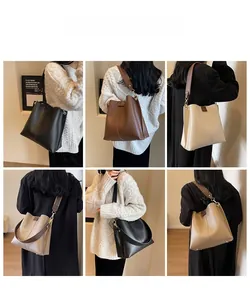Collage of model wearing minimalist bucket bags in black, caramel, and cream finishes