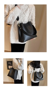 Detailed views of a black synthetic leather bucket bag with dual straps and gold hardware
