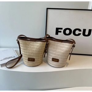 Women Straw Woven Bucket Bag Retro Casual Beach Crossbody Bag With Adjustable Synthetic Leather Strap Summer Vacation Fashion