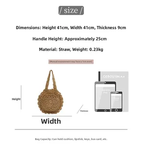 Detailed size chart of handmade straw tote bag showing 41x41x9cm dimensions and capacity