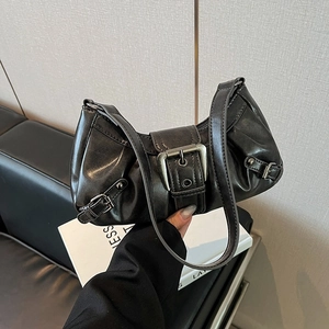 Retro Y2K distressed black leather shoulder bag with vintage silver metal buckle accent