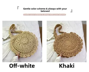 Close-up of handmade round crochet straw bags in beige and khaki with hollow lace trim