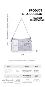 Dimensions et détails techniques du sac à bandoulière en nylon lavande imperméable