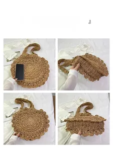 Macro details of circular woven straw bag showing lace edges and bohemian crochet texture