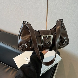 Retro brown semi-circle shoulder bag with silver metal buckles and distressed leather finish