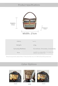 Detailed size specifications for a woven bucket bag with leather strap and top handles