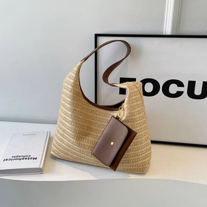Fashionable beige straw tote bag with brown PU straps and a matching small coin purse