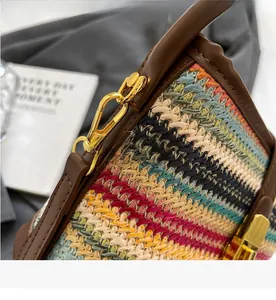 Detail of color-block woven bag featuring premium gold hardware and leather trim finish
