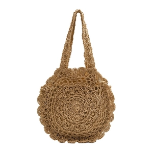 Women Round Straw Woven Shoulder Bag Hollow Out Crochet Flower Beach Tote Bag Summer Vacation Casual Crossbody Handbag