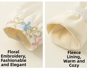 Detail of floral embroidery and warm fleece lining on girls' Chinese style shirt