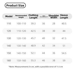 Detailed size chart for girls traditional Chinese style shirt showing measurements in cm