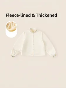 Girls New Chinese Style Fleece Shirt Traditional Floral Embroidery Stand Collar Long Sleeve Thickened Warm Blouse Top Winter