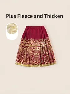 Girl's red Mamian skirt with gold floral patterns and warm fleece lining for winter