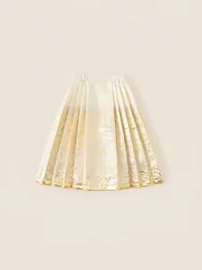 Traditional Chinese Mamian skirt for girls in beige satin with gold architectural patterns
