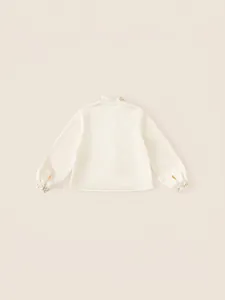 Girl's beige Chinese style winter shirt with golden floral embroidery and stand collar