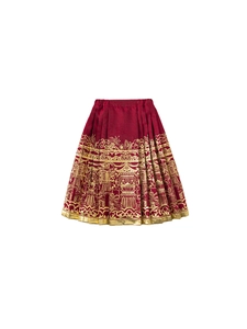 Traditional red girls' Mamian skirt with gold floral embroidery and pleated design