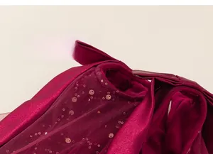 Dettaglio dell'abito in tulle con paillettes rosse, fiocco in raso e ricamo festivo