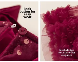 Dettaglio dell'abito rosso con paillettes che mostra bottoni e strati di tulle