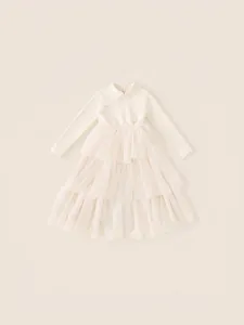 Mädchen Langarm-Tüllkleid in Cremeweiß mit traditionellen chinesischen Knoten-Details