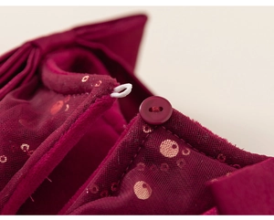 Dettaglio della chiusura a bottone e bordo in velluto sull'abito di tulle rosso