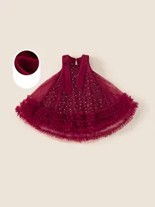 Abito da Ragazza Rosso con Paillettes in Rete Foderato in Pile Principessa a Balze per Natale Capodanno Festa di Compleanno Fiocco