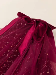 Abito principessa bordeaux per bambine in tulle con paillettes e fiocchi in raso