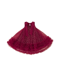 Abito da principessa rosso scuro per bambine in tulle con paillettes e fiocchi di raso
