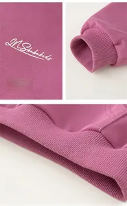 Detailed views of purple kids hoodie showing white letter embroidery and ribbed cuffs