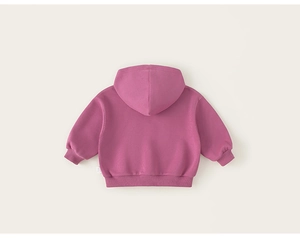Rear view of rose pink hooded kids sweatshirt with ribbed cuffs and hem details