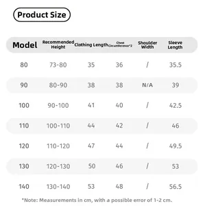 Detailed size chart for kids hooded sweatshirts including height and length in cm