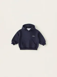 Kids navy blue hooded sweatshirt with front kangaroo pocket and embroidery detail